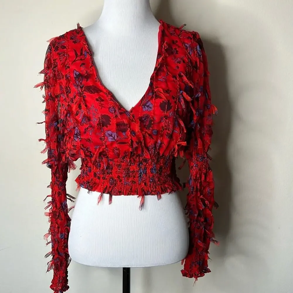 Zara Red Floral Fringe Long Sleeve V-Neck Crop Top